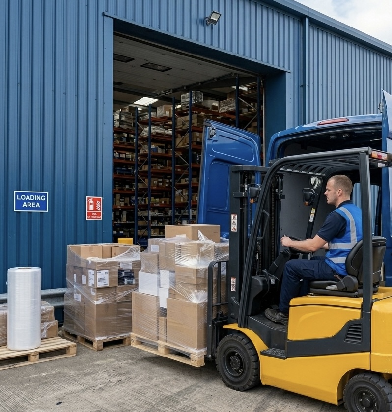 Forklift operator loading pallets at a Cambridge logistics depot loading area